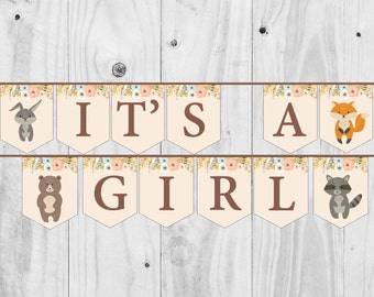 Woodland Baby Shower Banner. It's a Girl, Animals Sign, Girl Shower - Printable - INSTANT DOWNLOAD, Digital file.