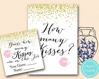 How many Kisses Sign, Guess how many Kisses there are in a jar, Gold Confetti Bridal Shower, Bachelorette, Gold Bridal Shower BS46