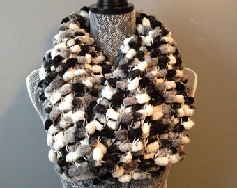 Black & White Pom Pom Infinity Scarf