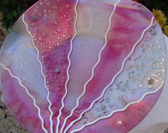 Vintage Pink Purple Round Handmade Fused Glass Plate, Fused Glass Serving Platter, Design Decorative Plate Art Glass Tray, Housewarming Gift