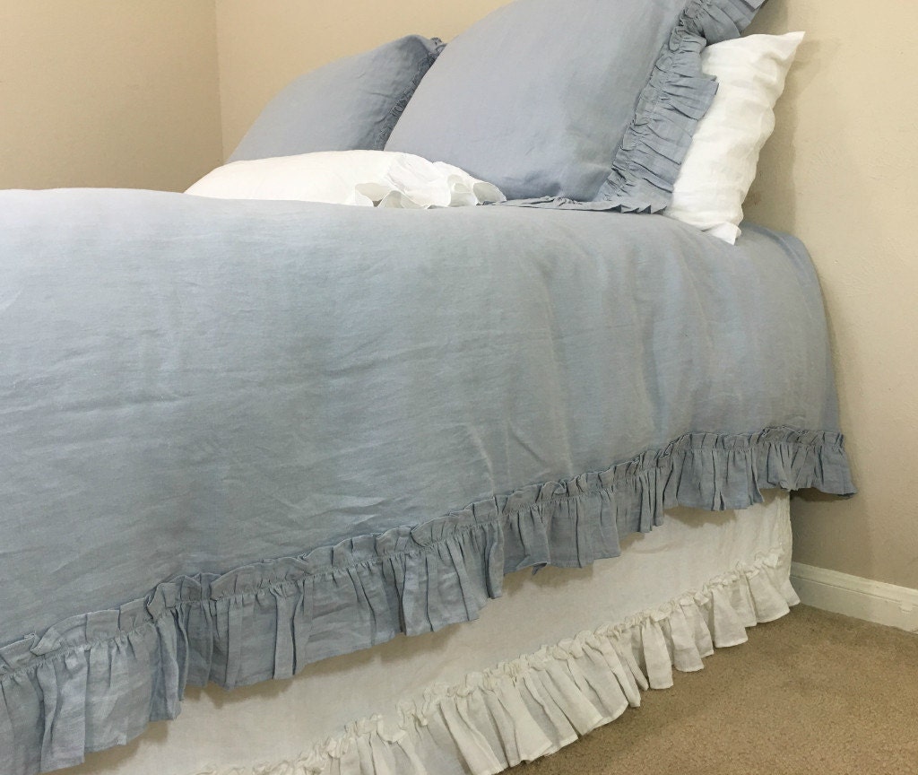 Duck Egg Blue ruffled duvet cover handmade with vintage ruffle