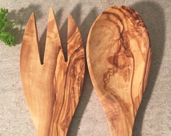 Salad Servers Olive Wood, Wooden Salad Cutlery, Wooden Utensils, Handcarved Spoon.