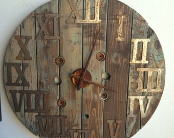 Wood spool clock- reclaimed wood clock- large 31 inch- wood clock- wall clock-wall art