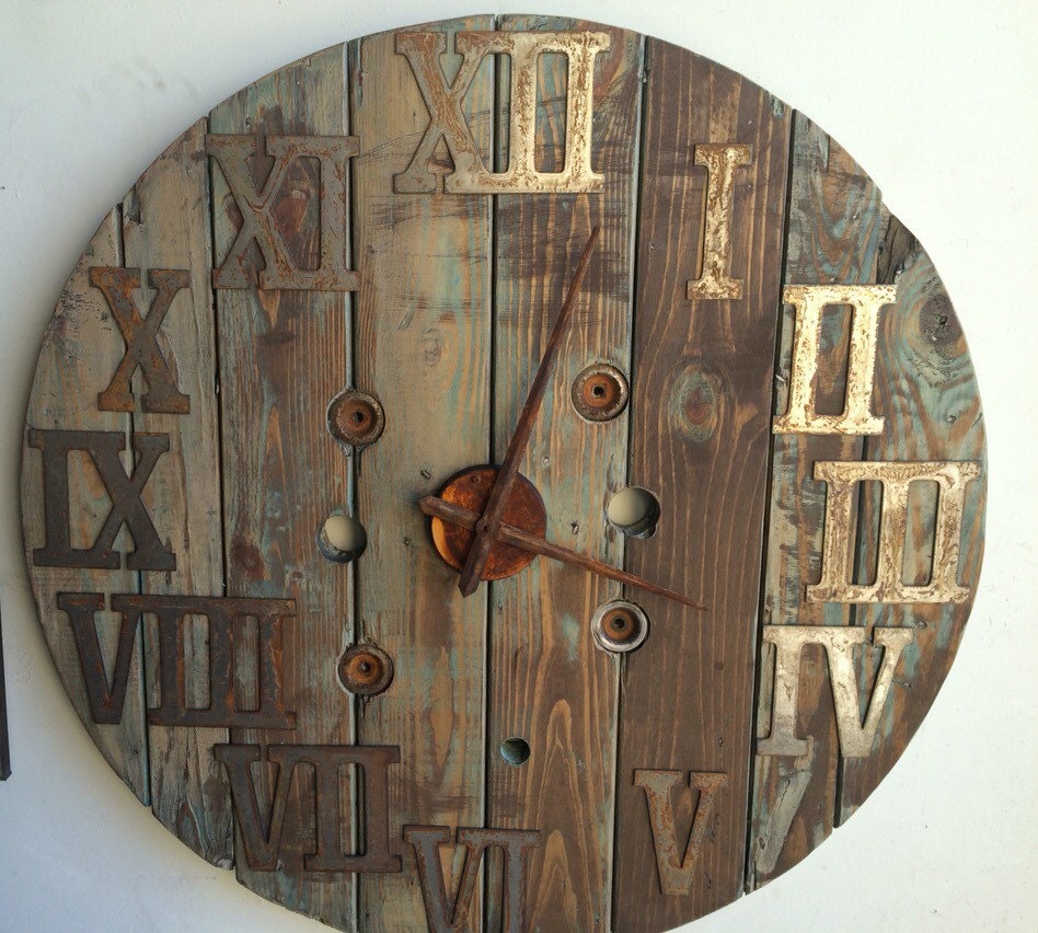 Wood spool clock reclaimed wood clock large 38 inch wood