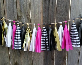 spade tassel garland, spade party, first birthday, mother's day garland, black white and pink party, baby shower, black pink gold garland