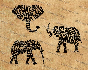 Digital SVG PNG elephant, raging elephant, trunk, word, typographic, typography poster, vector, silhouette, clipart, instant download