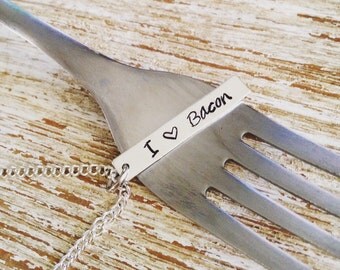I heart Bacon hand stamped pendant necklace / Foodie / Love bacon / Gag gift / Fun sayings / Silly jewelry