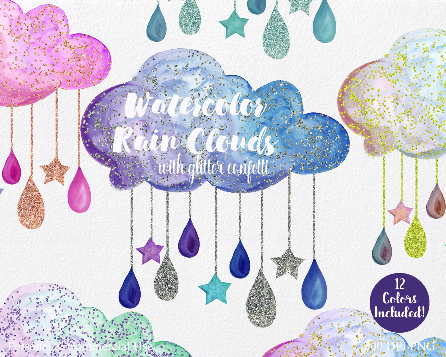 WATERCOLOR RAIN CLOUDS Clipart Commercial Use Clipart 12