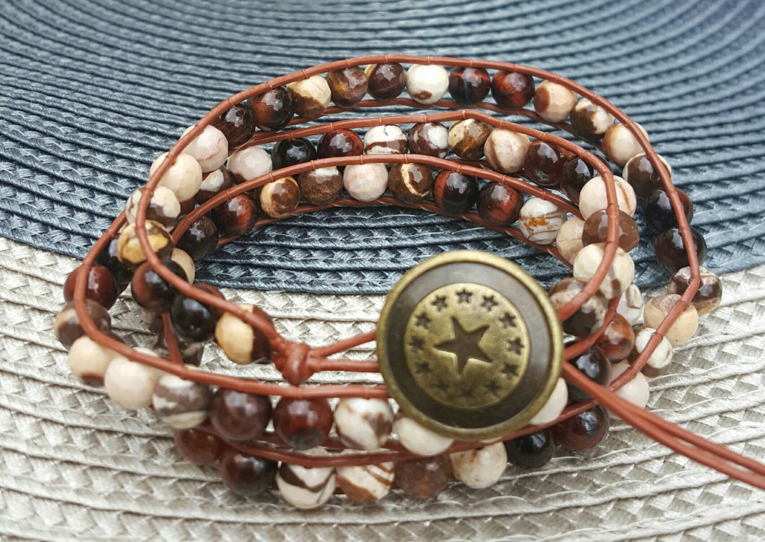 3 wrap leather bracelet australian jasper stone beads and red
