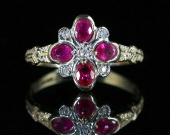 Ruby & Diamond Ring Lovely Cluster Ring In 9ct Gold