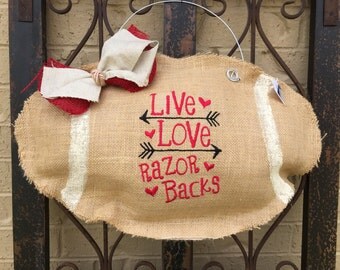 Live Love Razorbacks, Burlap Door Hanger, Football Door Hanger, Wreath, Razorbacks, Razorback Door Hanger, Arkansas Decoration, Fall Decor
