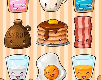 Kawaii Breakfast Clipart - Hearty Breakfast Download - Kawaii Design Download - Eggs, Bacon, Pancakes, Coffee and more!