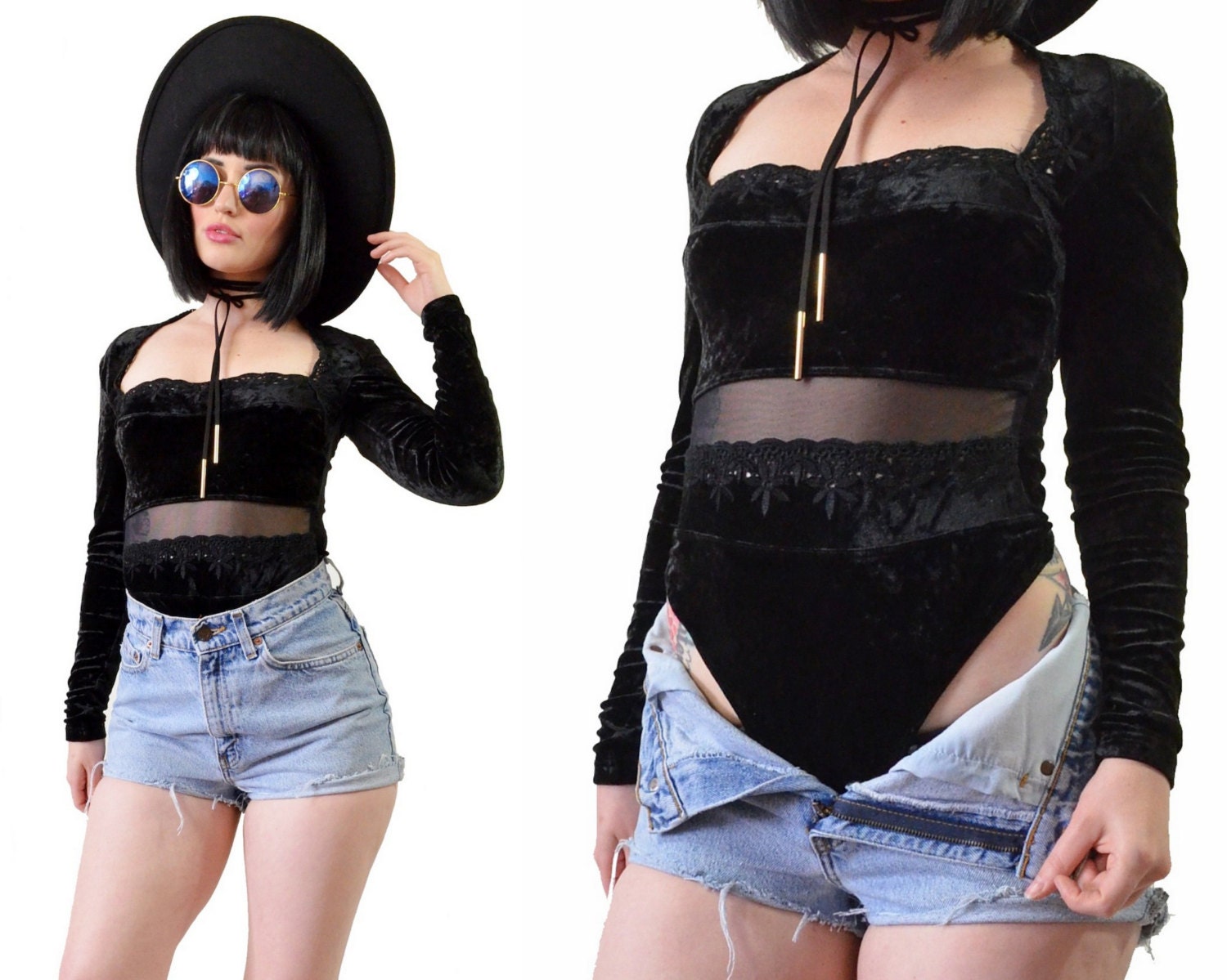 vintage 90s black velvet bodysuit sheer mesh lace one piece