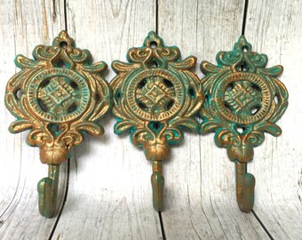 Copper Patina Wall Hooks - Shabby Chic Home Decor - Key Hook - Entryway Wall Decor - Coat Hooks - Bathroom Towel Hooks - Dog Leash Holder