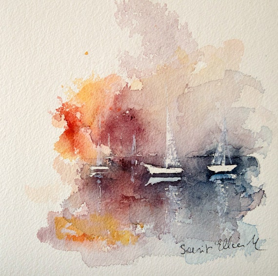 Original boats watercolor ship watercolor sunset