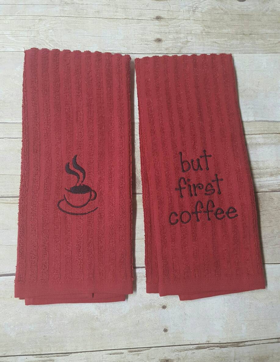 Embroidered coffee kitchen towels by SewSweetbyKassie on Etsy