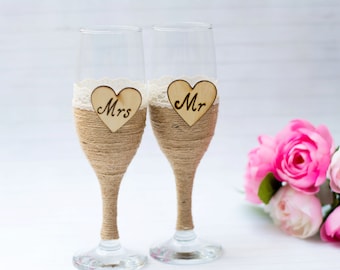 Wedding Glasses Champagne Flutes Burlap Glasses Rustic Toasting Glasses