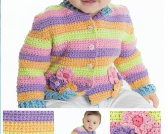 Crochet Striped Baby Cardigan with Flowers Pattern only Natura Medium Yarn