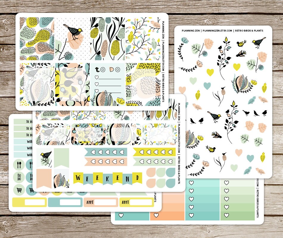 Retro Birds & Plants Planner Stickers for use with Erin