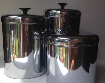Pantry Queen Set Of 3 Stainless Canisters 1950's