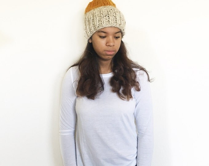 Knit Slouchy Beanie Hat without Pom Pom//THE OLIVIA-long brim//Butterscotch and oatmeal
