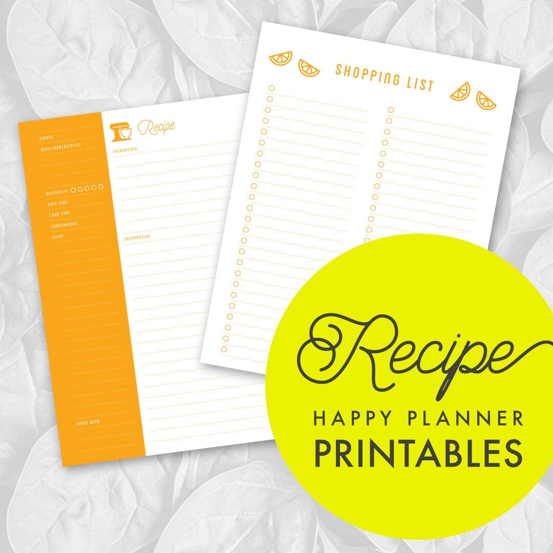 Printable Regular Happy Planner Recipe Inserts with Shopping