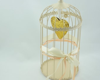 Vintage bird cage, decorated, golden heart, creme and apricot borders, wedding card box, wedding decoration