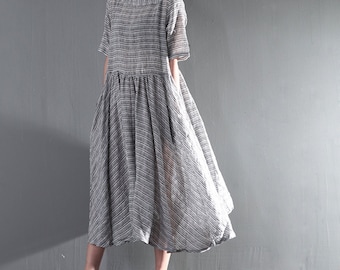 Irregular Hem With Striped Shirt Dress High Waist Linen Dress Women