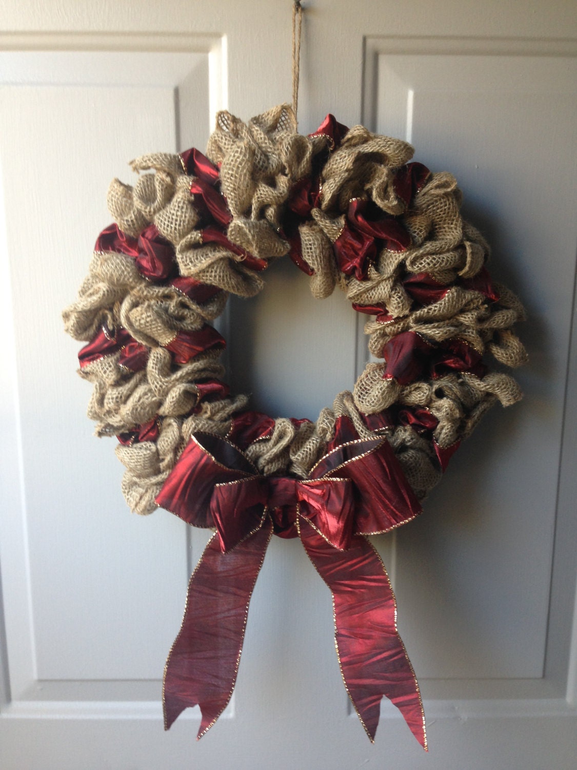 Burgundy Ribbon Burlap Wreath