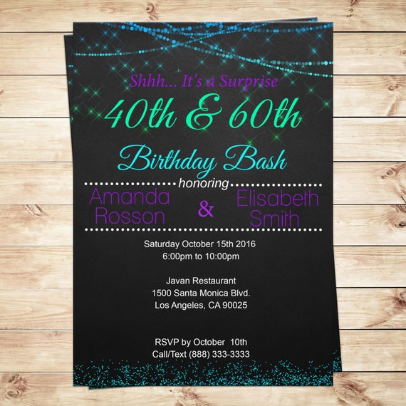 Joint birthday invitations for adults purple and teal
