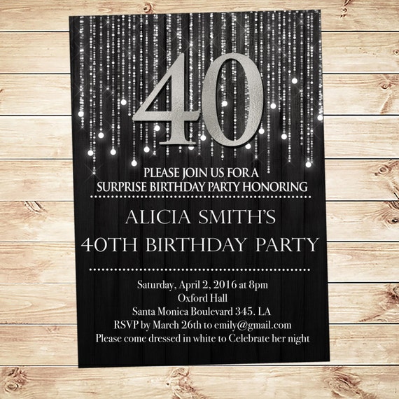 Black and silver 40th birthday party invitations digital download invitation, black and silver ...