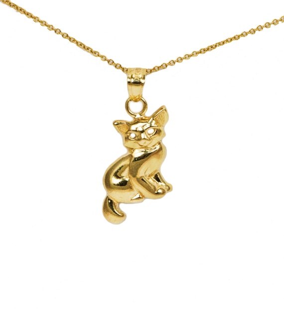 14k Yellow Soild Gold Cat Pendant Cat Charm for Charm