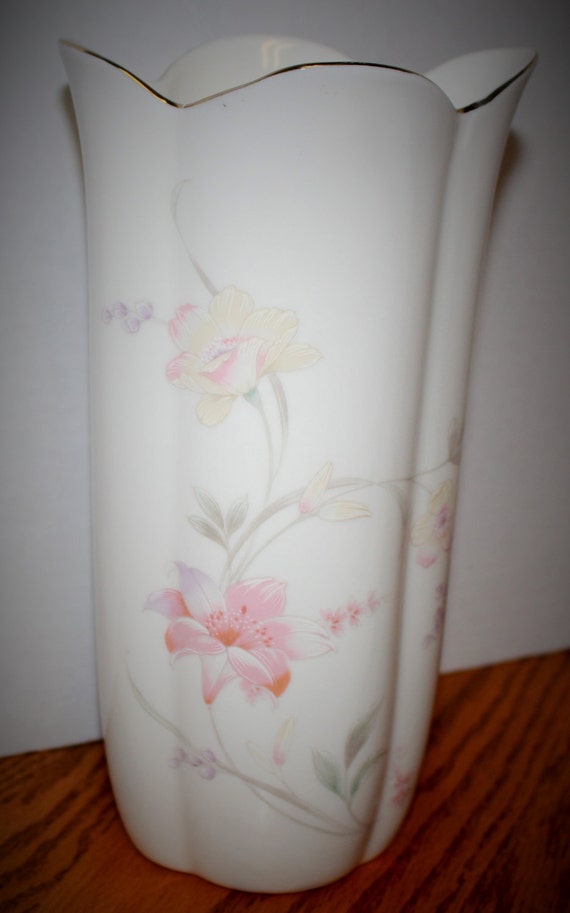 Vintage White China Vase with Pink Roses and gold Trim Made in