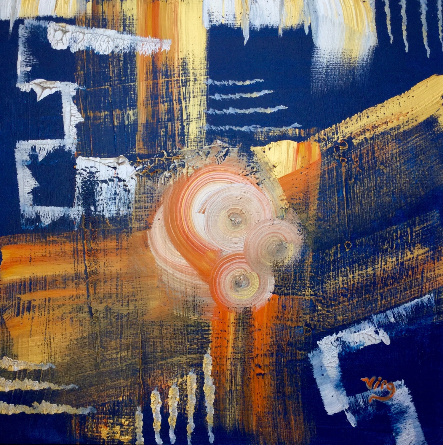 Abstract Art blue orange painting 24 X 24 highly