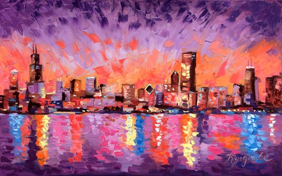 Chicago Illinois Skyline Cityscape Art Oil by KyegombeFineArt
