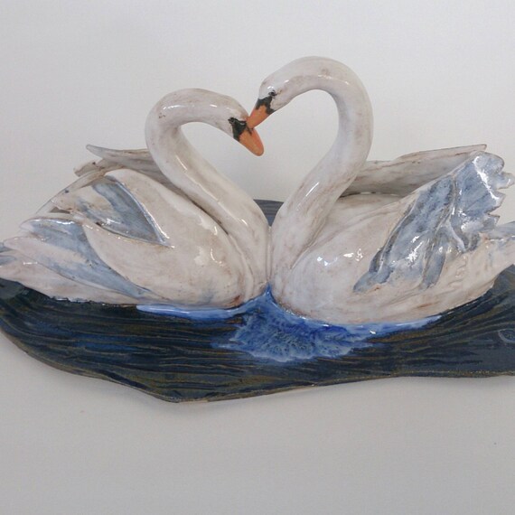 Ceramic swans sculpture ornament for the by PArmstrongCeramics