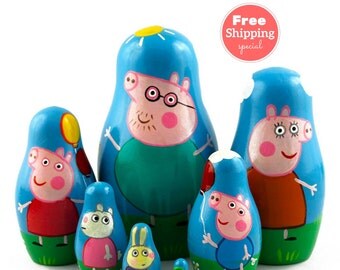 FREE Shipping * Pigs Nesting dolls for kids (7 pcs) * Matryoshka * Russian nesting doll * Stacking dolls * Hand Painted Nesting dolls