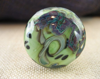 Lampwork Glass Bead - Green Decorated Medium Lentil (002-09W4)