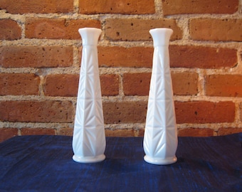 Pair of white milk glass vases star design