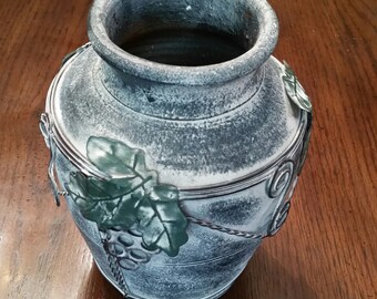 80's Vase / Ceramic / Terra Cotta / Heavy / Thick / Grapes / Grape Leaves / Ornate / Blue / Metal Decor / Metal / French Decor / Vineyard