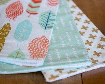Set of 3 Gender Neutral Burp Cloths - Mint Triangles, Mint/Blue Feathers, Gold Pattern