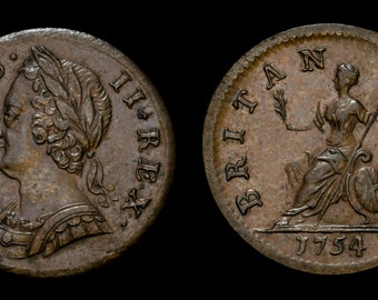 Antique English Coin Genuine George II Copper Farthing 1754, British, Georgian, Old