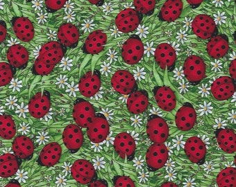 Lady Bugs with White Daisies in Grass ,Timeless Treasures