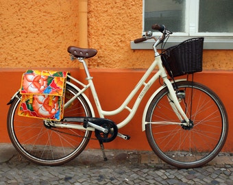 vintage bicycle bag- saddle bag - doble pocket - bike panniers from oilcloth, waterproof, retro look