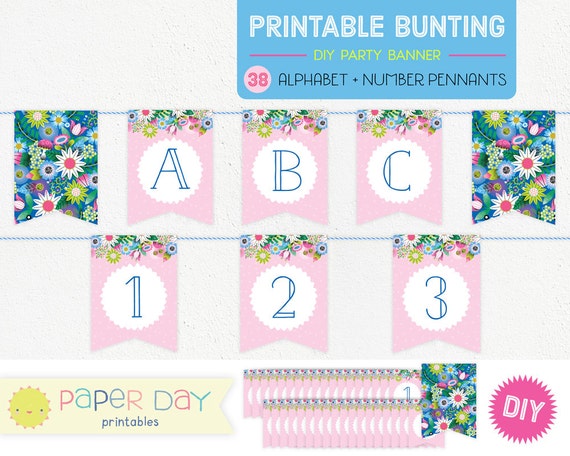 Printable Floral Bunting Complete Alphabet and Numbers