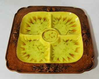 Vintage yellow serving platter - Mid-century treasure craft yellow and brown ceramic plate