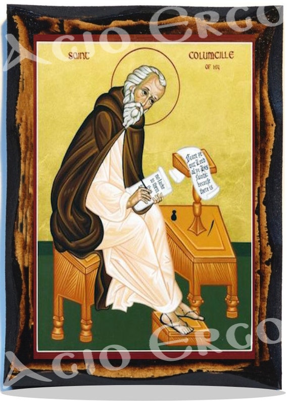 Saint Columcille Of Iona Christian Icon On Wood