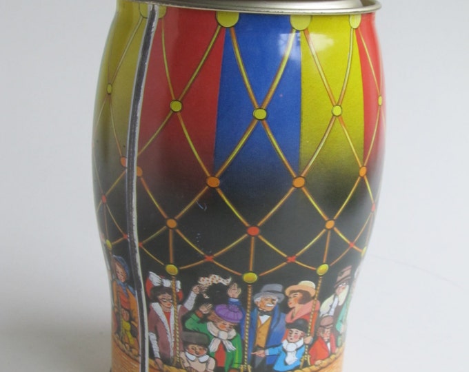 Hot Air Balloon metal candy container, lithograph tin made in england, 1940s people in colourful circus balloon