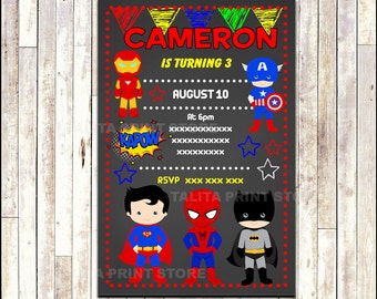 Superhero Chalkboard Invitation, printable Superhero party Invitation, Chalkboard Superhero Invitation - Digital File