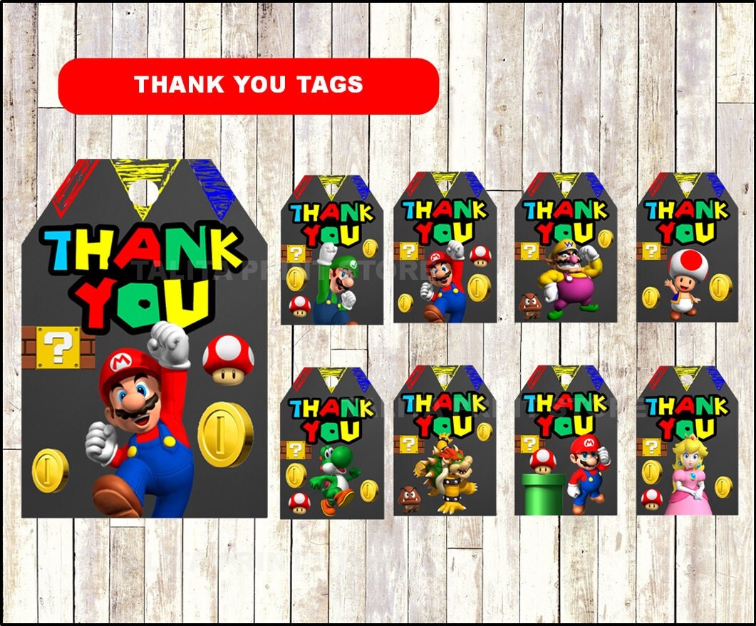 Super Mario Bros Chalkboard Thank you tags printable Super